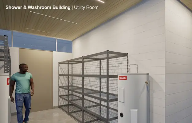 a metal shelving unit in a room