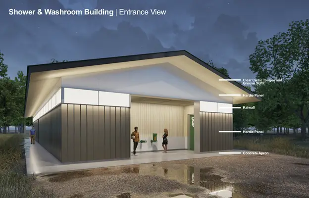 a building with a roof and a couple of people standing in front of it