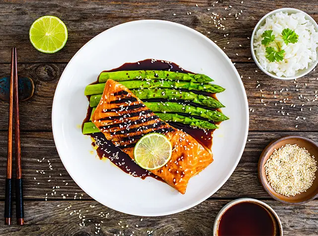 a plate of food on a wood table