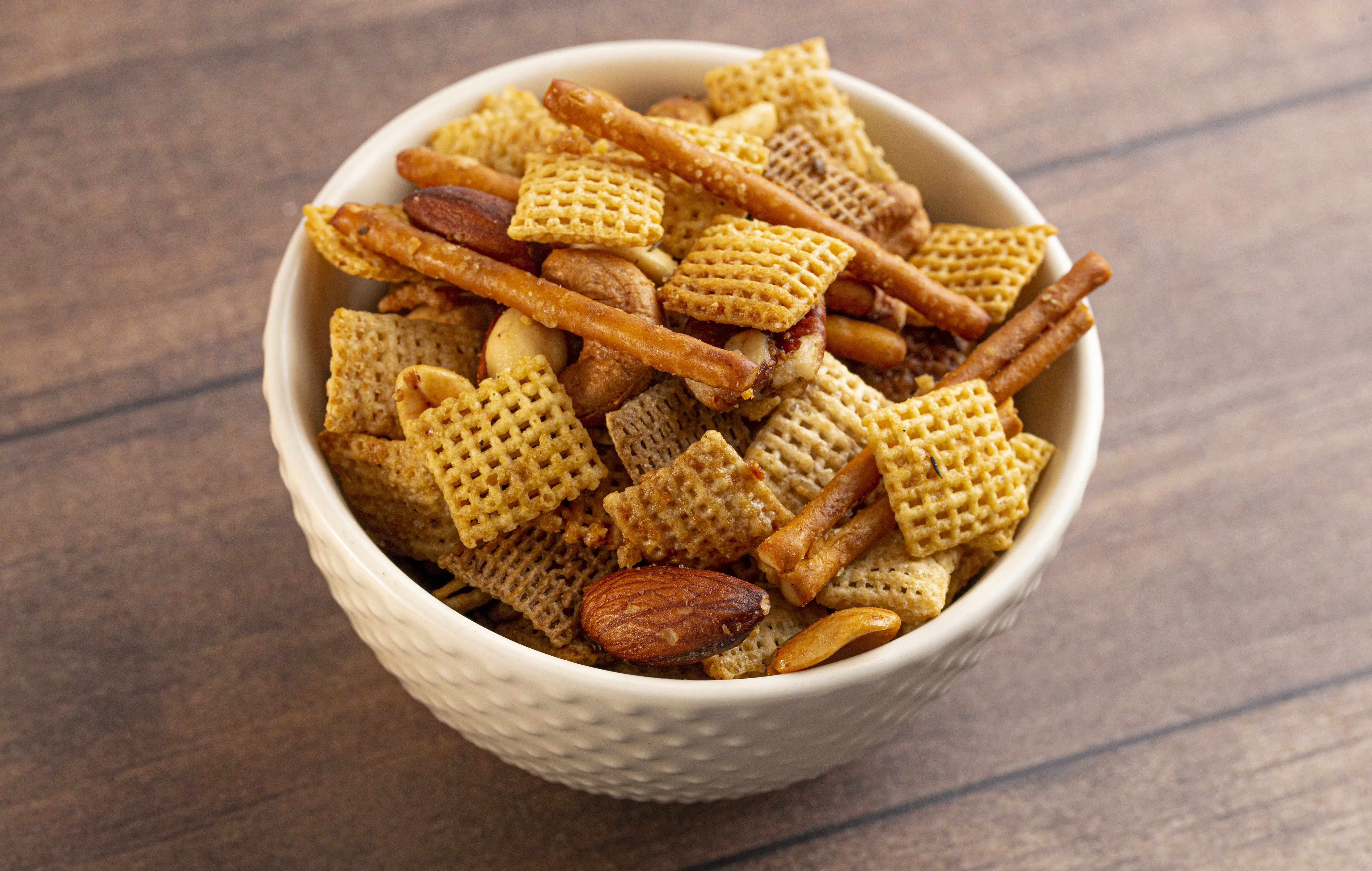 a bowl of chex mix